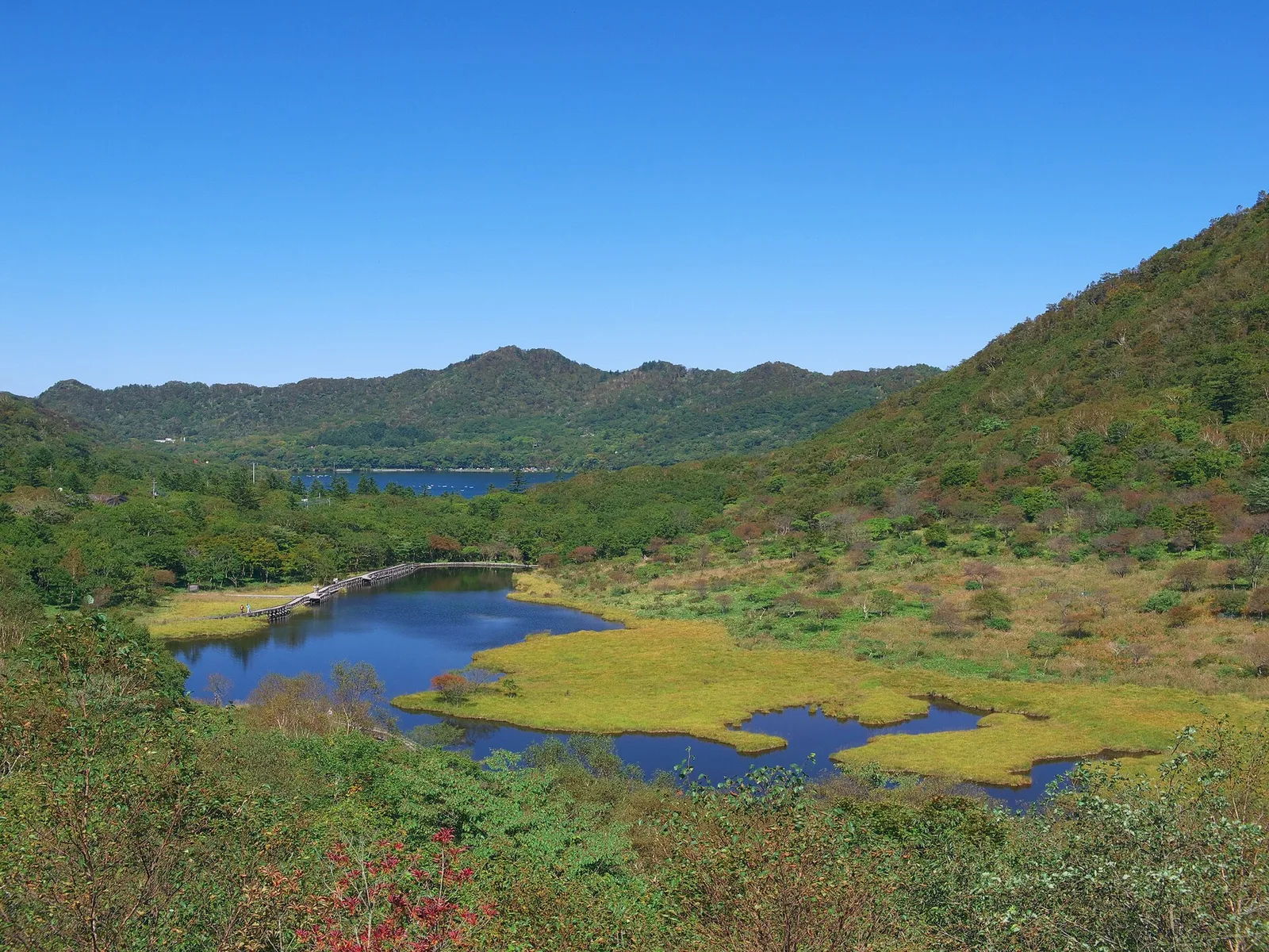 草紅葉が始まった覚満淵の湿原と池、周りを囲む山の斜面