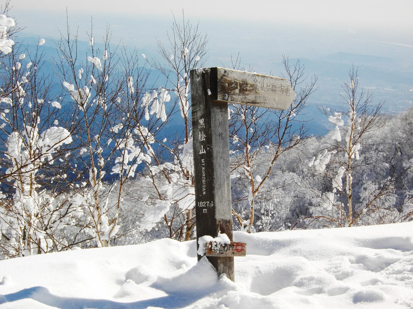 雪に埋もれた黒檜山山頂の道標と霧氷が付いた木々