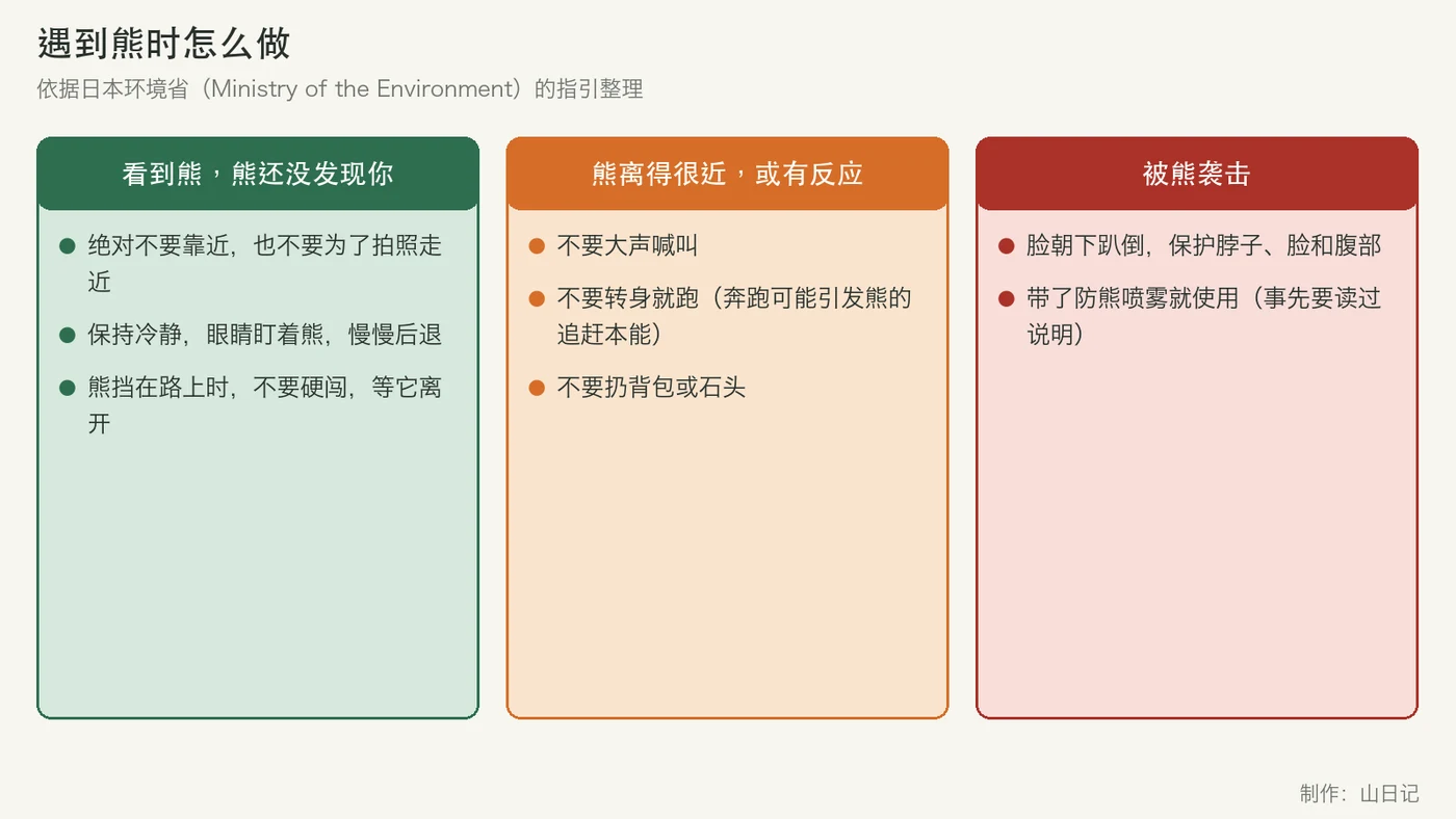 三栏图：看到熊而熊还没发现你时慢慢后退；熊离得很近时不要喊叫、不要跑、不要扔东西；被袭击时脸朝下趴倒保护脖子、脸和腹部，有喷雾就使用