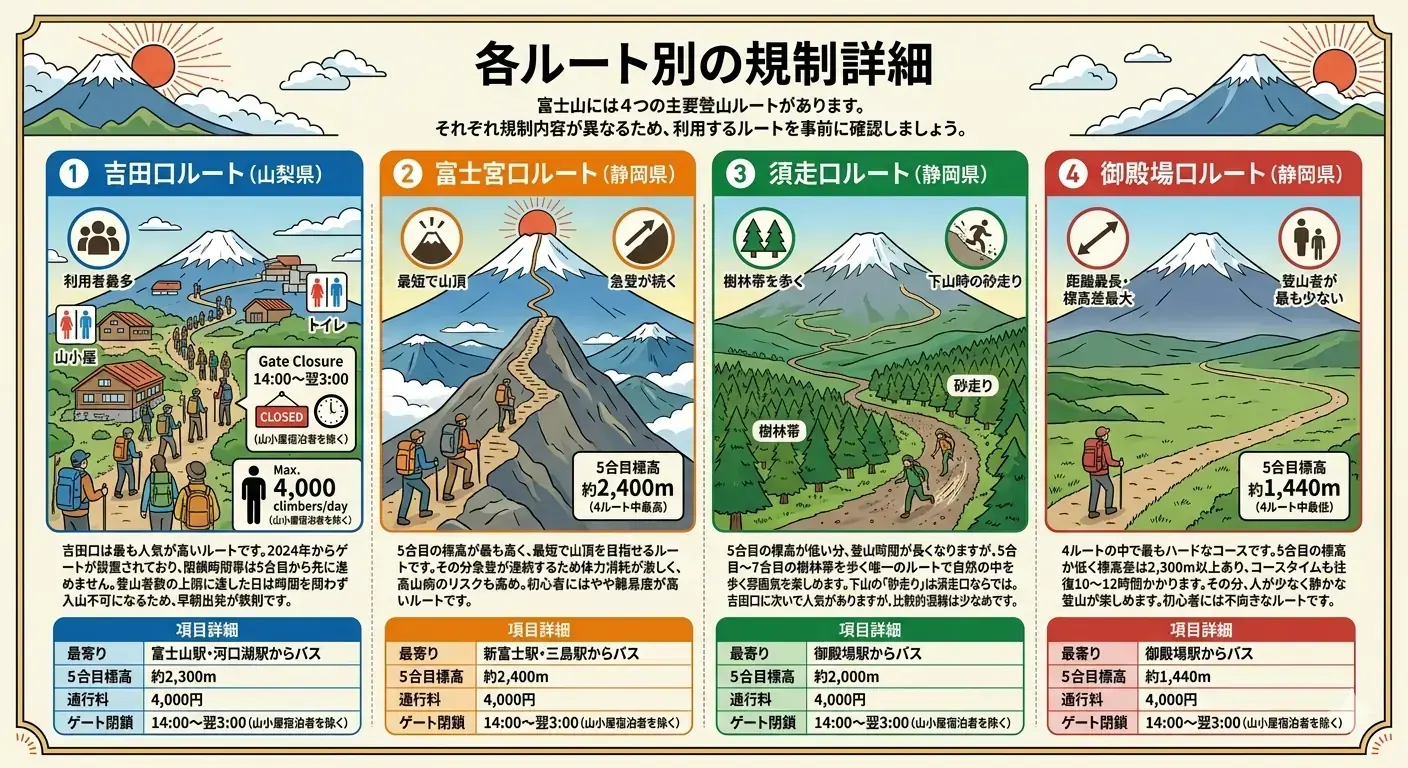 富士山の各ルート別の規制詳細を図解した画像。吉田口、富士宮口、須走口、御殿場口の特徴や規制の違いをまとめている