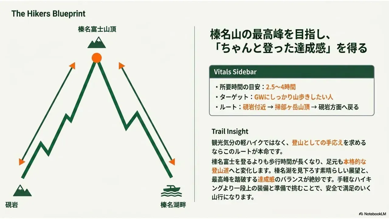 モデルコース3：榛名山最高峰・掃部ヶ岳を目指すルート図（硯岩→掃部ヶ岳山頂→硯岩）