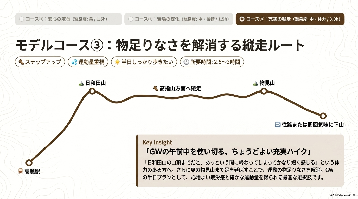 GWの日和田山モデルコース3として、高麗駅から日和田山を経て高指山方面へ縦走し、物見山まで歩いて下山する半日向けルート図
