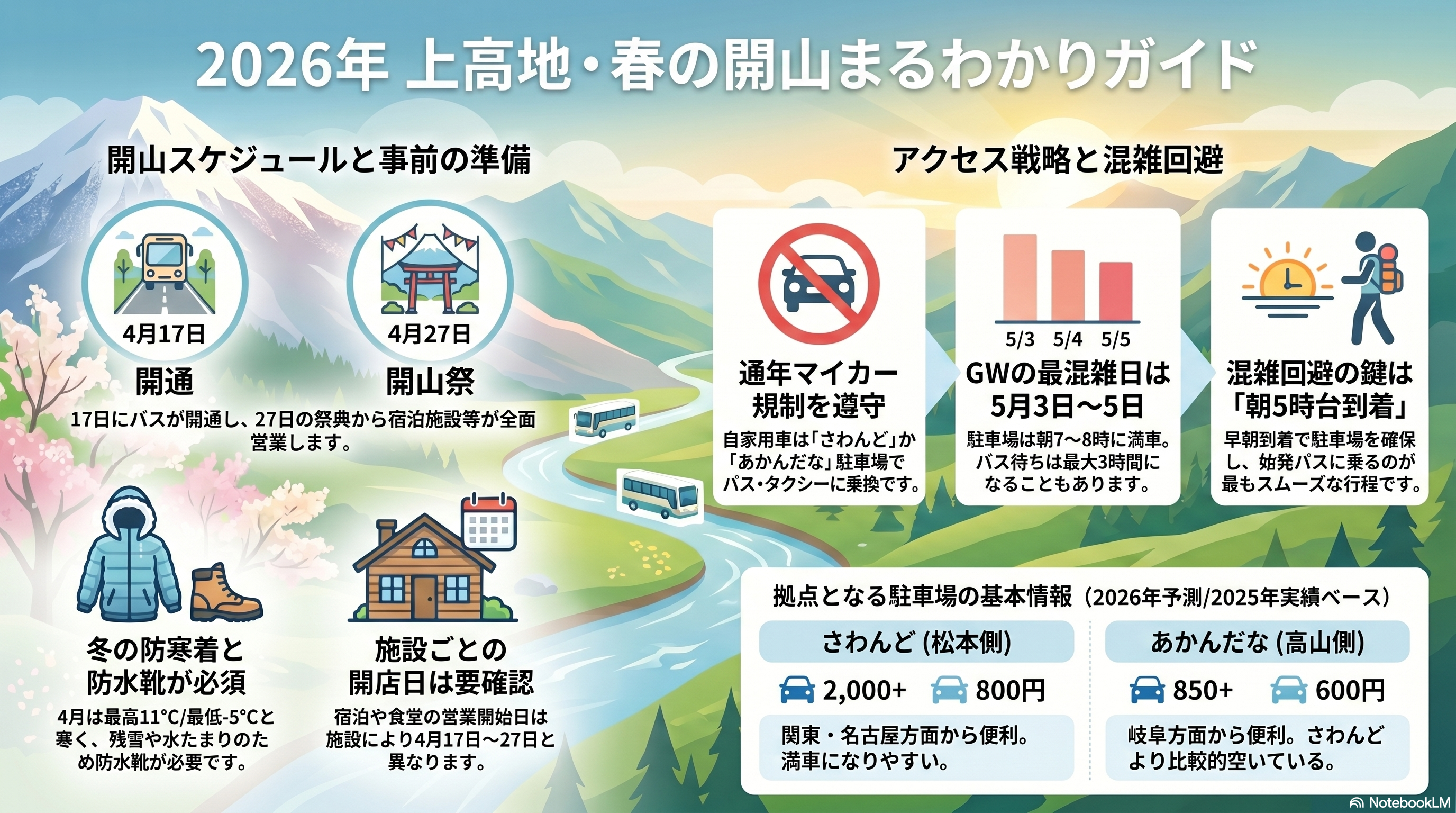 2026年春の上高地の開山時期、開山祭、マイカー規制、GWの混雑しやすい日、沢渡とあかんだなの駐車場情報をまとめた画像