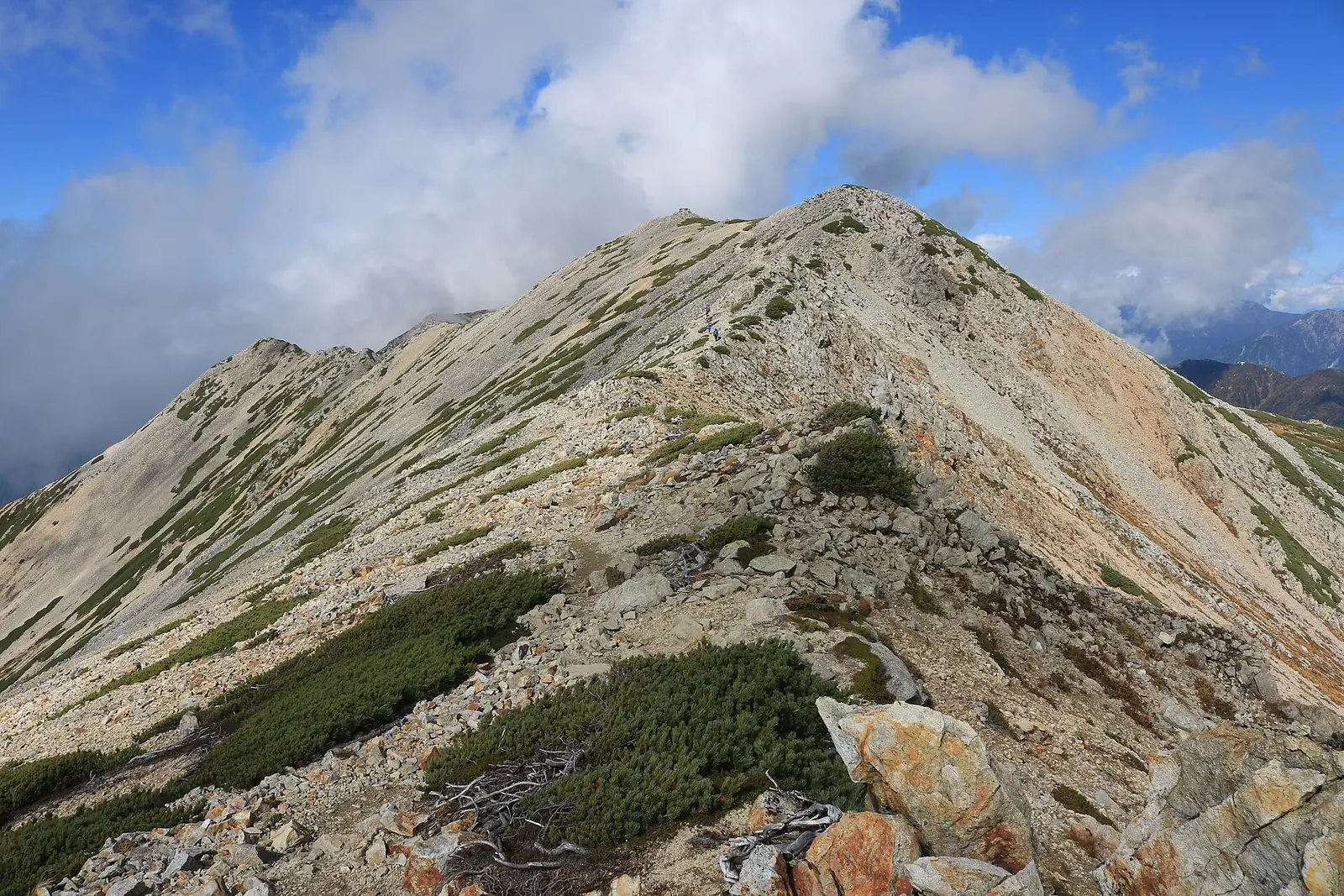 木がほとんどない岩と砂礫の稜線に、山頂へ続く登山道が延びている