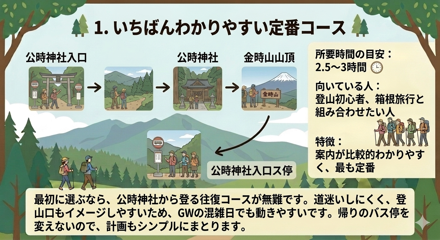 GWの金時山モデルコース1として、公時神社入口から公時神社、金時山山頂を経て公時神社へ戻る往復コースを図解した画像