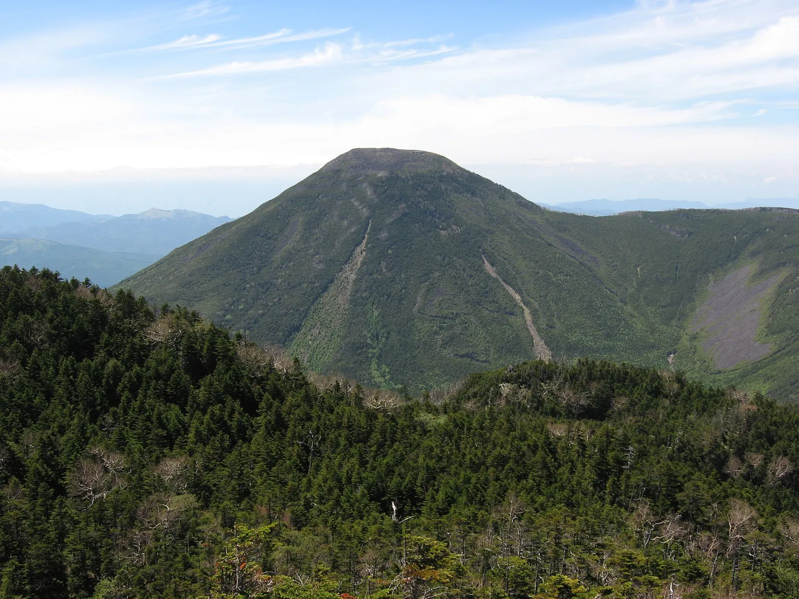 北横岳から見た森の向こうの円錐形の蓼科山