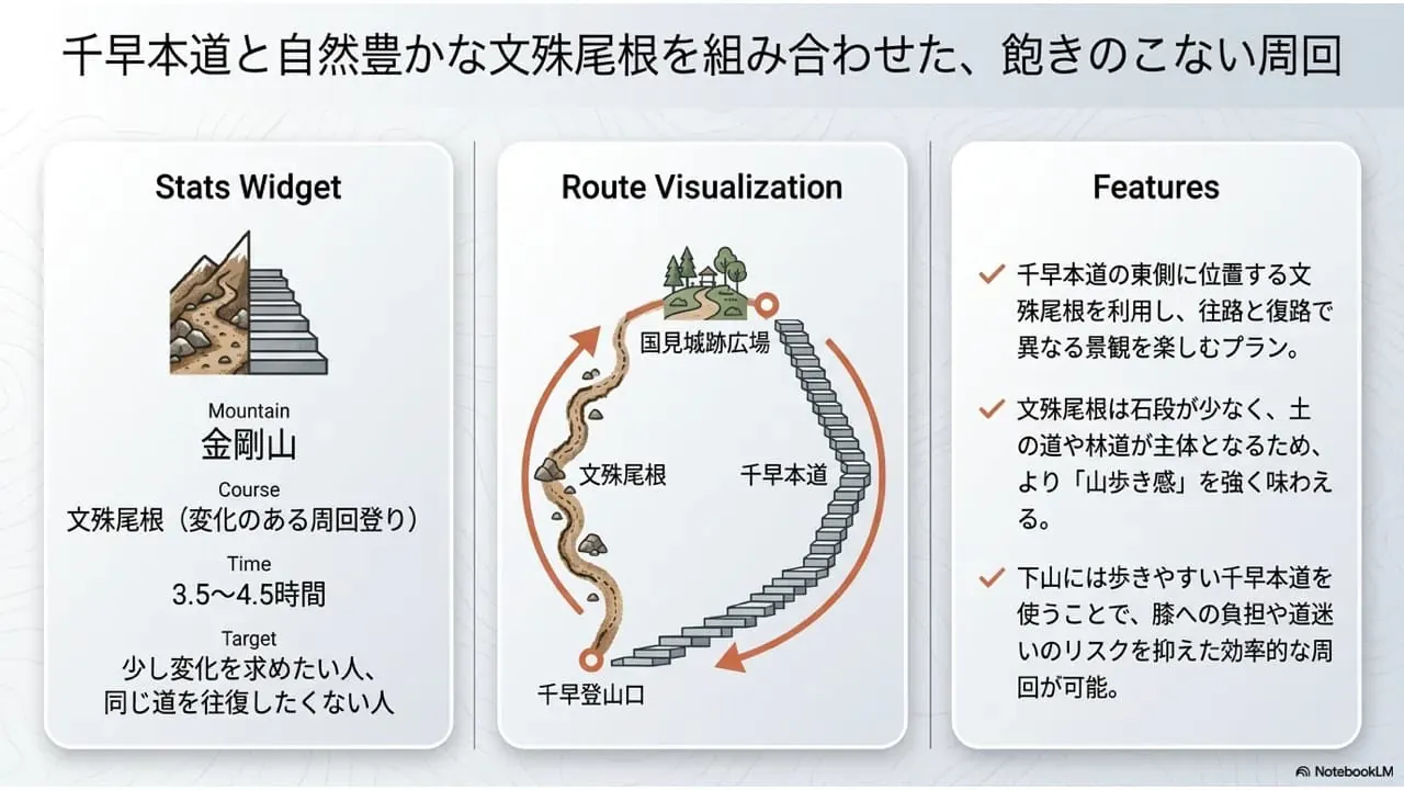 金剛山のモデルコース2として、千早登山口から文殊尾根を登って国見城跡広場へ向かい、下山は千早本道を使う変化のある周回ルートをまとめた説明画像