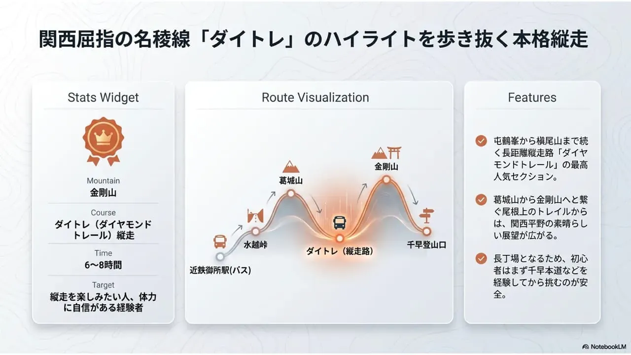 金剛山のモデルコース3として、近鉄御所駅から水越峠と葛城山を経てダイヤモンドトレールを歩き、金剛山から千早登山口へ下る本格縦走ルートをまとめた説明画像