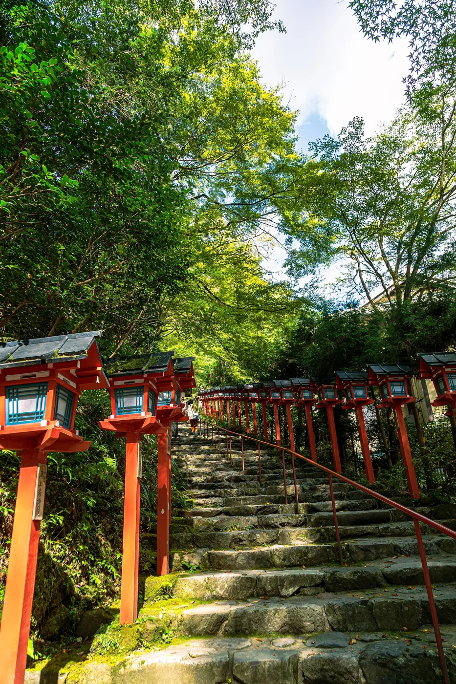 Stone steps lined with red wooden lanterns climbing to Kifune Shrine under green maple trees