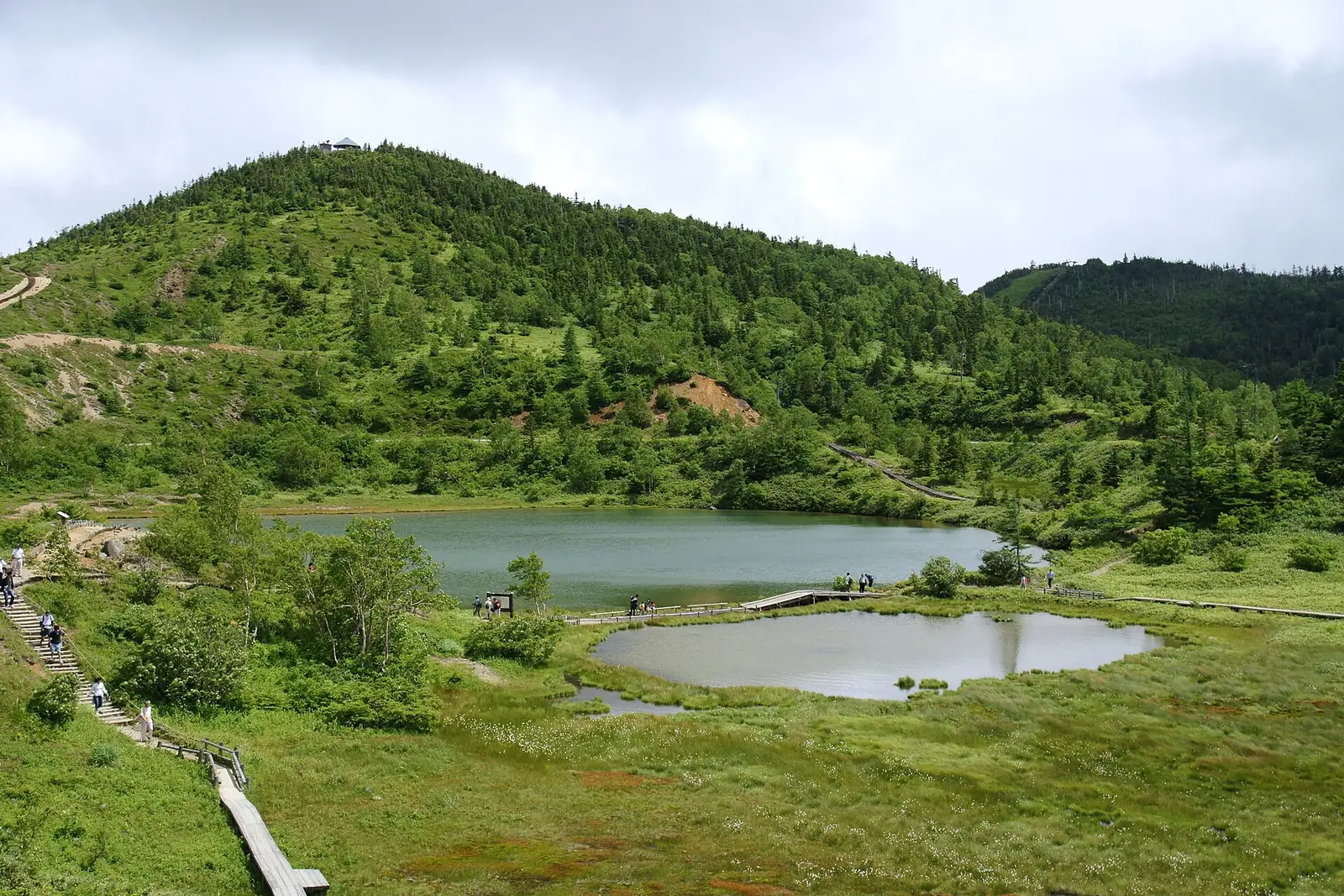 草津白根山的弓池，周围是绿色的山坡和低矮植被