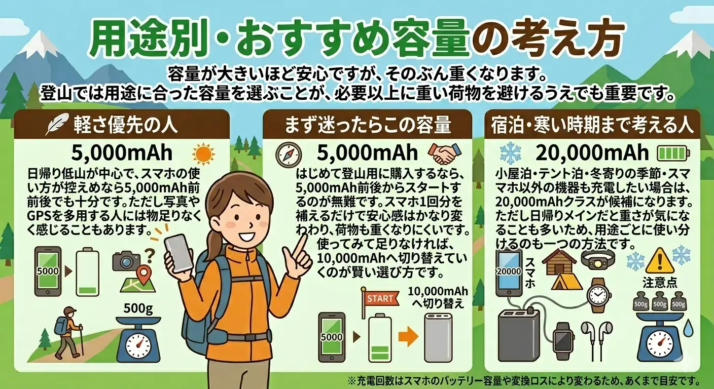 登山用モバイルバッテリーの用途別おすすめ容量をまとめた図解