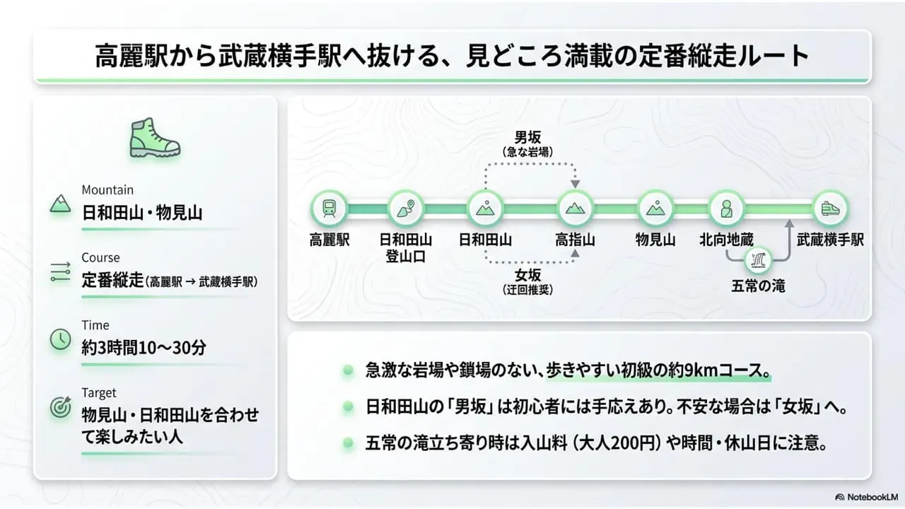物見山・日和田山のモデルコース1として、高麗駅から日和田山と物見山を経て五常の滝に立ち寄り、武蔵横手駅へ抜ける定番縦走ルートをまとめた説明画像