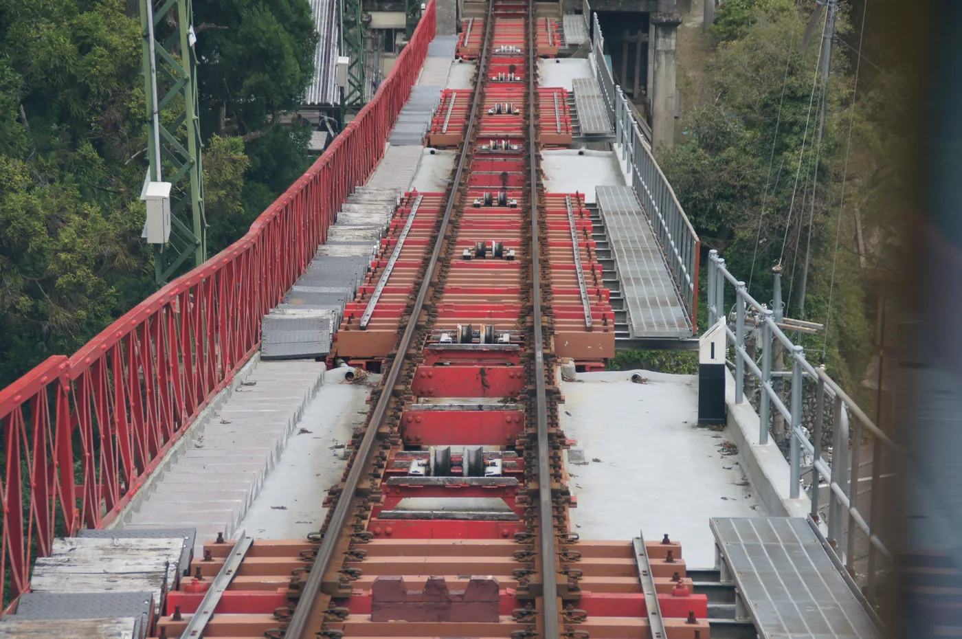 Mitake Tozan Railway cable car climbing the forested slope of Mount Mitake