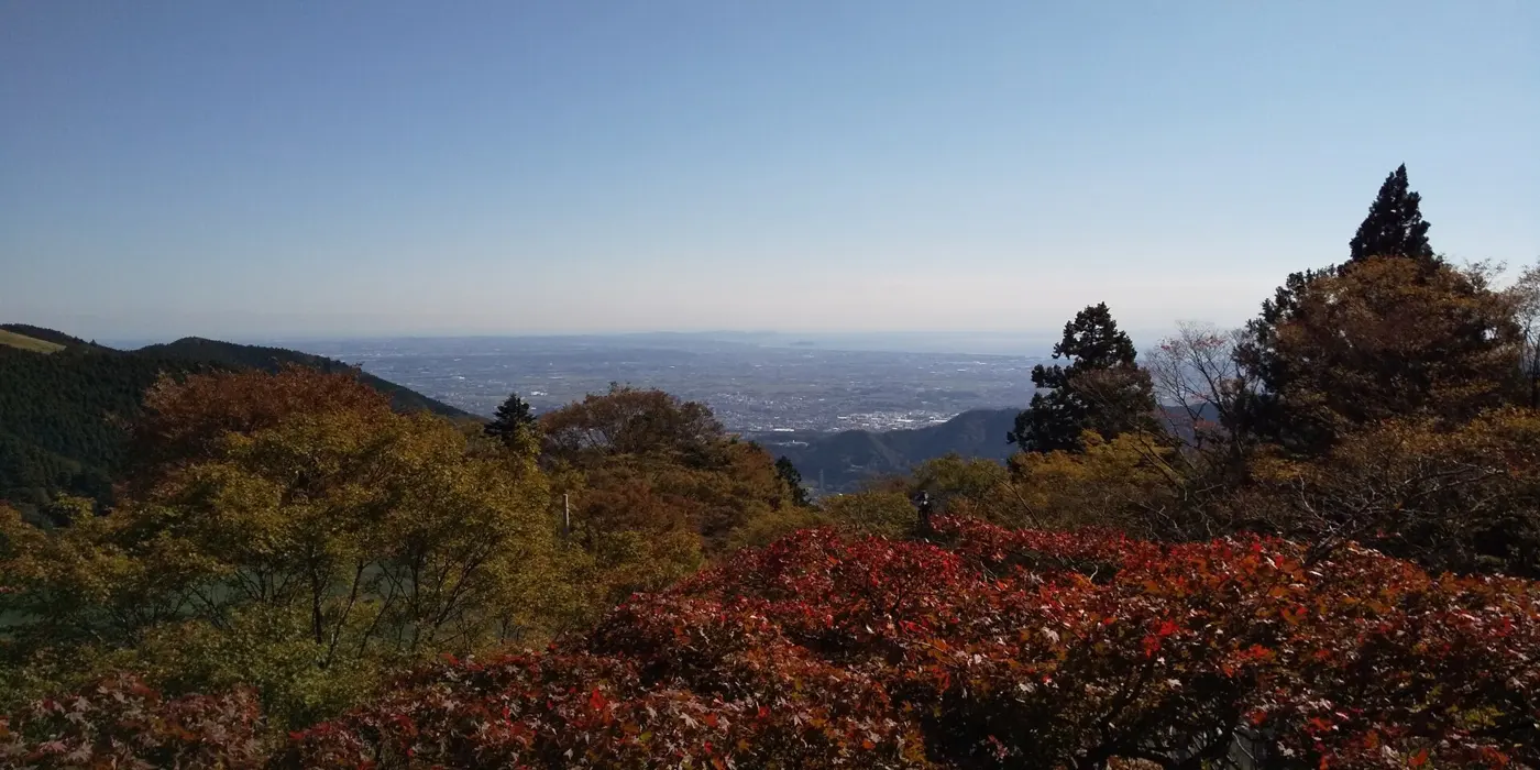 View from Afuri Shrine Shimosha over autumn trees toward the Sagami Plain and the sea in the distance under a clear sky