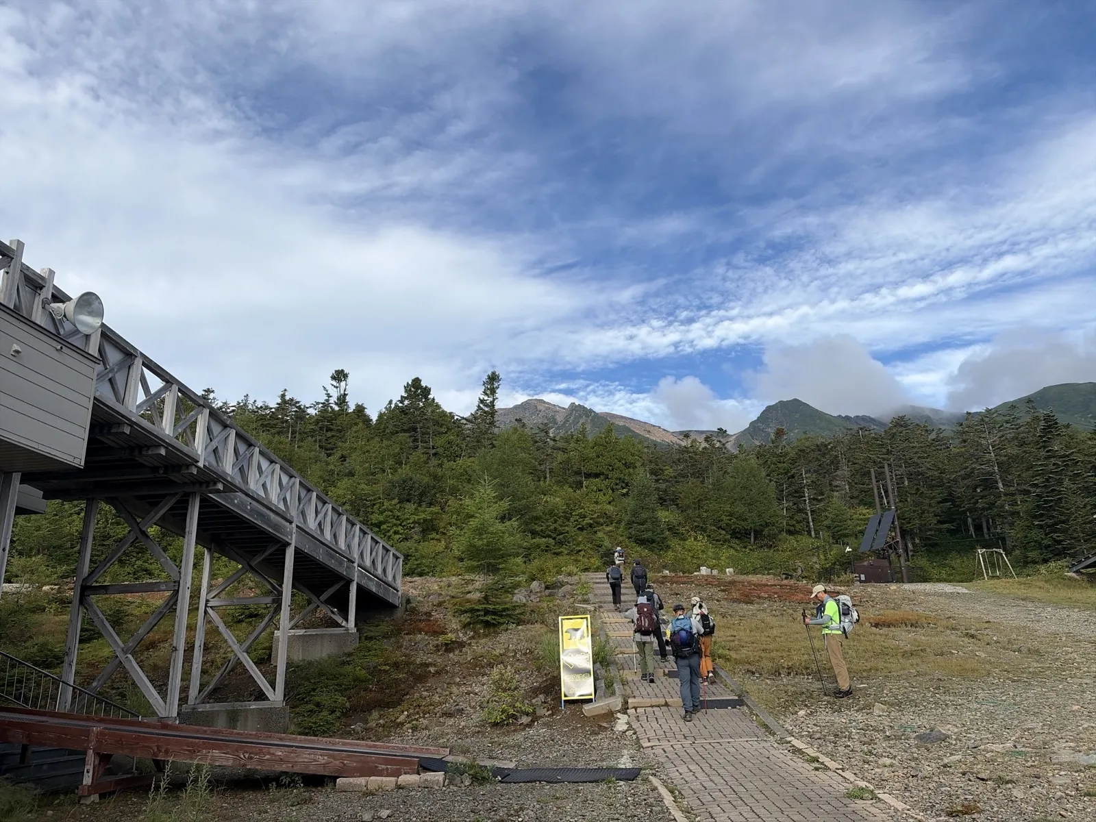 木の歩道と建物のそばを、登山者が歩いていく。周りは低い木々で、青空に白い雲が広がっている
