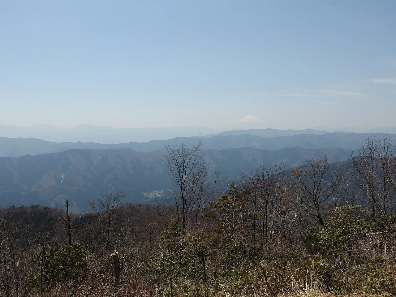 大岳山付近から見た、冬枯れの木々の向こうに広がる山並み