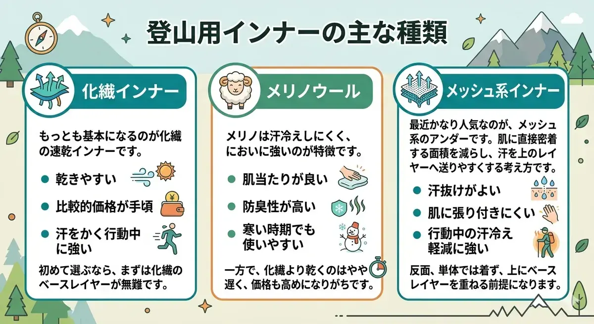 登山用インナーの主な種類として、化繊インナー、メリノウール、メッシュ系インナーの特徴を比較した図解