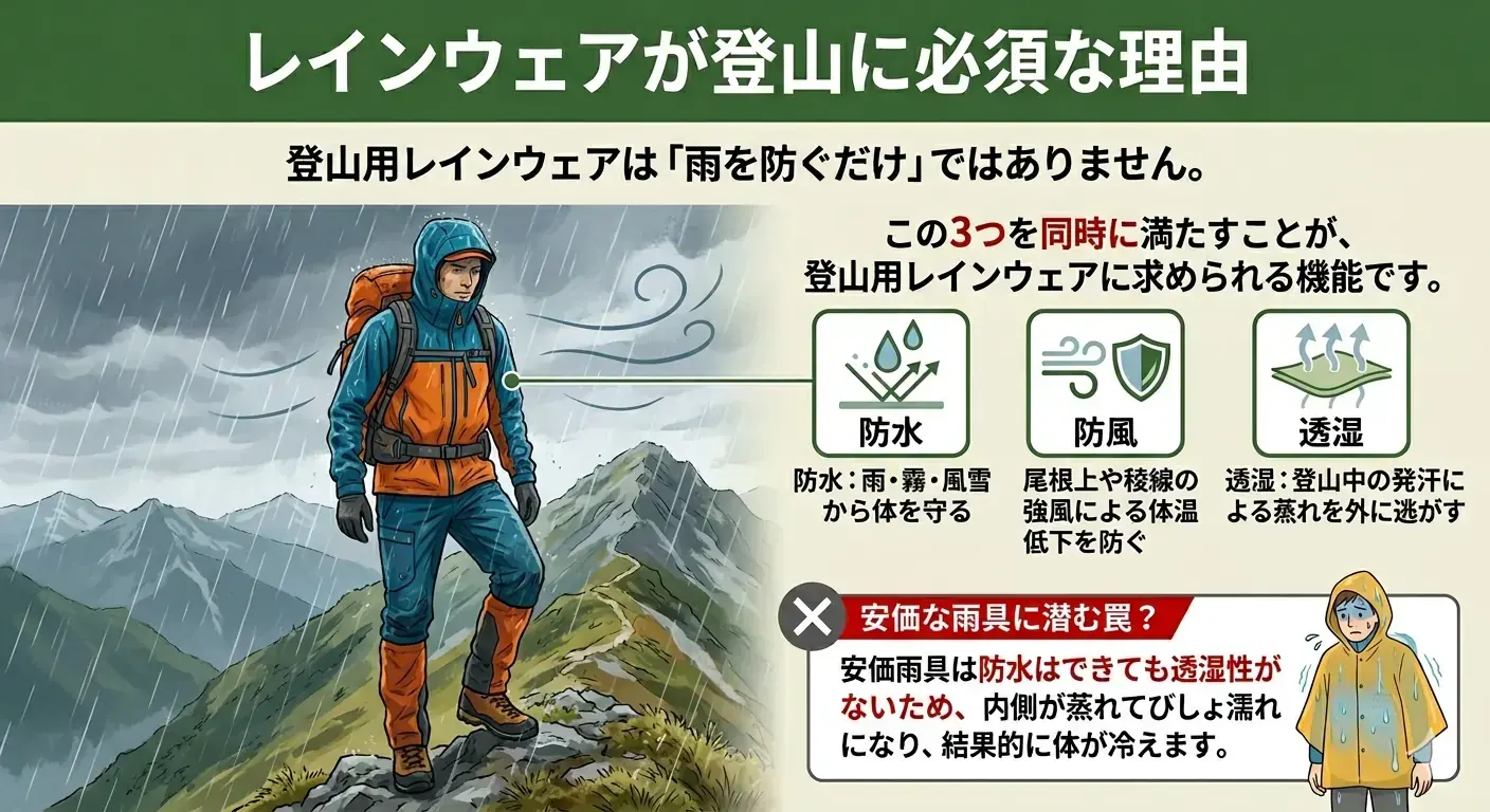 レインウェアが登山に必須な理由を防水・防風・透湿の3機能で説明する図解