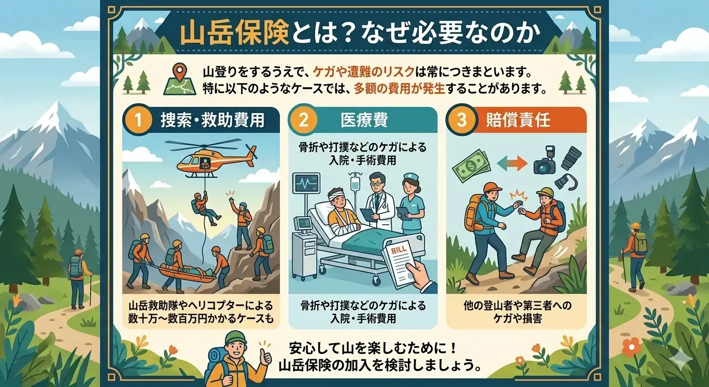 山岳保険が必要な理由を図解した画像。捜索・救助費用、医療費、賠償責任の3つの場面を説明している