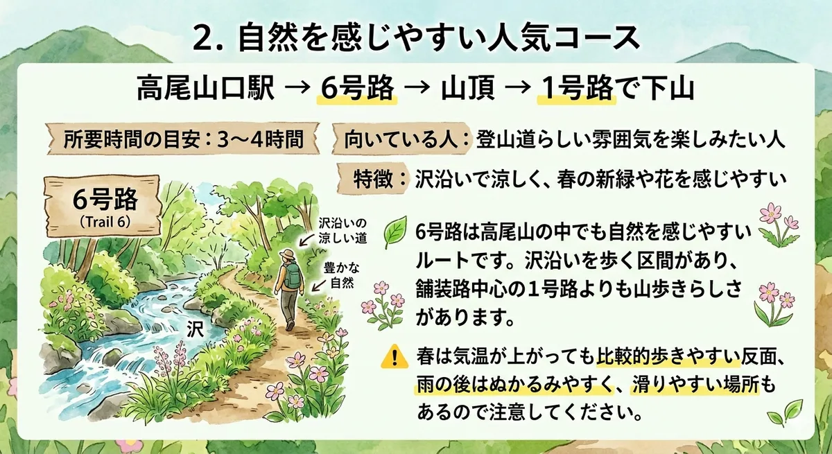 春の高尾山モデルコース2として、高尾山口駅から6号路、山頂、1号路下山を図解した画像