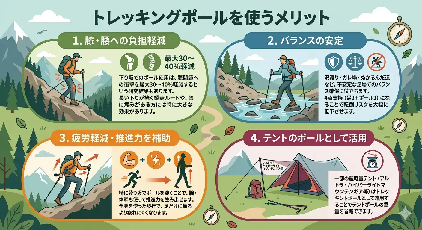トレッキングポールを使うメリットを図解した画像。膝腰への負担軽減、バランス安定、疲労軽減と推進力補助、テントポールとしての活用を説明している