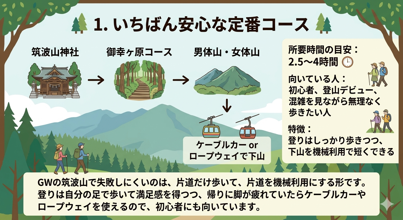 GWの筑波山モデルコース1として、筑波山神社から御幸ヶ原コース、男体山と女体山を経てケーブルカーまたはロープウェイで下山する定番ルートを図解した画像