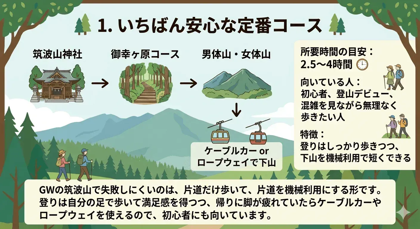GWの筑波山モデルコース1として、筑波山神社から御幸ヶ原コース、男体山と女体山を経てケーブルカーまたはロープウェイで下山する定番ルートを図解した画像