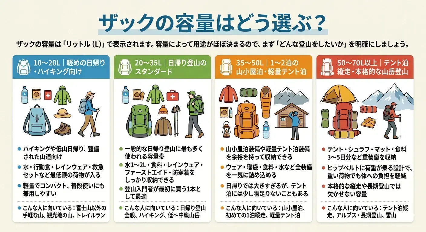 ザックの容量ごとの目安を、10〜20L・20〜35L・35〜50L・50〜70L以上に分けて説明した図